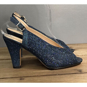 Paradox London Women's Glory Slingback Heels Size 7 Blue Peep Toe Rhinestones